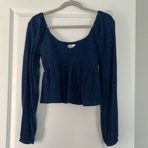 Hollister Navy Smocked Scoop-Neck Long Sleeve Peplum Top